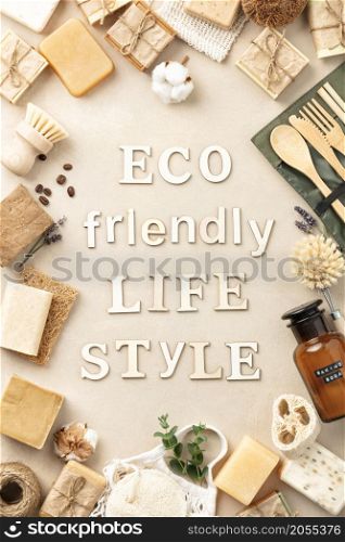 Zero waste, Recycling, Sustainable lifestyle concept. Eco-friendly products, flat lay. Zero waste, Recycling, Sustainable lifestyle concept. Eco-friendly products and wooden letters