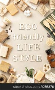 Zero waste, Recycling, Sustainable lifestyle concept. Eco-friendly products, flat lay. Zero waste, Recycling, Sustainable lifestyle concept. Eco-friendly products and wooden letters
