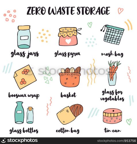Zero Waste shopping concept design with hand drawn eco elements. Set of hand drawn zero waste storage inventory.