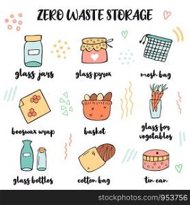 Zero Waste shopping concept design with hand drawn eco elements. Set of hand drawn zero waste storage inventory.