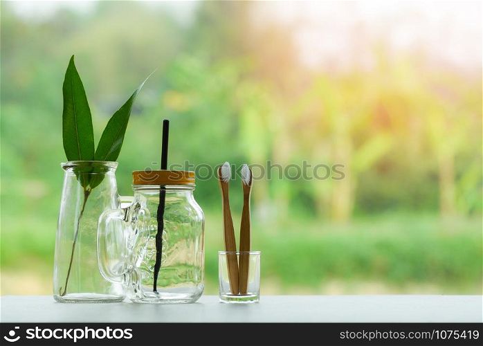 Zero waste use less plastic concept / eco green leaf in water glass jar with straw pitcher vase and bamboo toothbrush free plastic on nature environment background