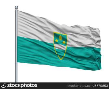 Zheleznogorsk City Flag On Flagpole, Country Russia, Isolated On White Background. Zheleznogorsk City Flag On Flagpole, Russia, Isolated On White Background