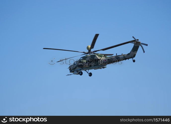 ZHUKOVSKY, RUSSIA - SEPTEMBER 01, 2019: Demonstration of the Mi-28 attack helicopter of the Russian Air Force at MAKS-2019, Russia.