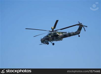 ZHUKOVSKY, RUSSIA - SEPTEMBER 01, 2019: Demonstration of the Mi-28 attack helicopter of the Russian Air Force at MAKS-2019, Russia.