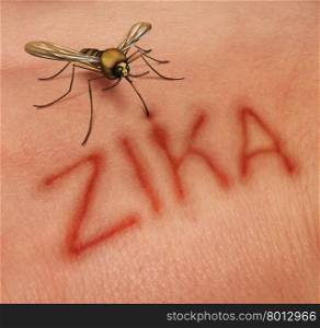 Zika disease concept as a virus risk symbol with a dangerous illness carrying mosquito forming text on human skin that represents the danger of transmitting infection through bug bites resulting in zika fever.