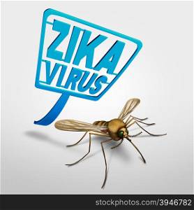 Zika virus control and risk symbol as a fly swatter attacking an infected disease carrying mosquitto that represents the health danger of transmitting infection through bug bites resulting in zika fever.&#xA;&#xA;