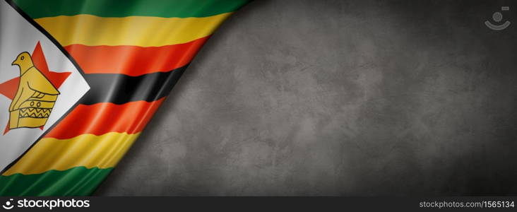 Zimbabwe flag on concrete wall. Horizontal panoramic banner. 3D illustration. Zimbabwe flag on concrete wall banner