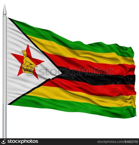 Zimbabwe Flag on Flagpole, 3D rendering, Isolated on White Background