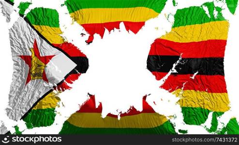 Zimbabwe torn flag fluttering in the wind, over white background, 3d rendering. Zimbabwe torn flag fluttering in the wind
