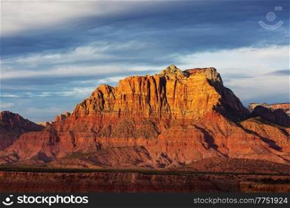 Zion National Park. Beautiful unspiring natural landscapes. Peak in Zion Park at sunset.