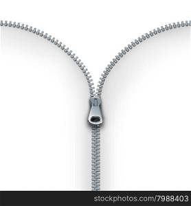 Zipper concept as an open interlocking metal fastener on clothing or garment textile as a symbol for revealing a message or discovery isolated on a white blank background.