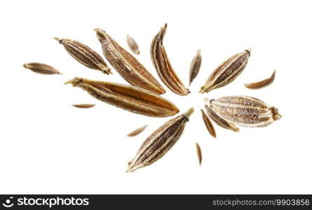 Zira seasoning seeds levitate on a white background.. Zira seasoning seeds levitate on a white background
