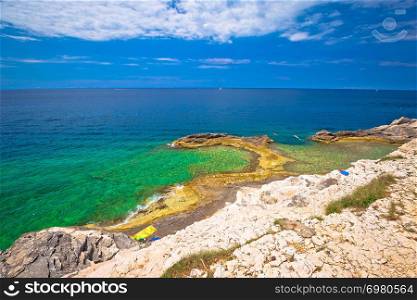 Zlatne Stijene famous stone beach in Pula view, Istria region of Croatia