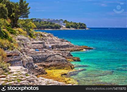 Zlatne Stijene or Golden Rocks stone beach in Pula view, Istria region of Croatia