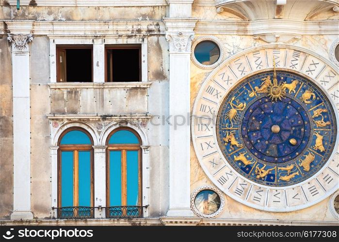 Zodiac astronomical Clock Tower Torre dell Orologio at st. Mark&rsquo;s Square Piazza San Marko in Venice, Italy