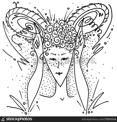 Zodiac sign Aries black and white drawing girl shows horns with her hands and fingers