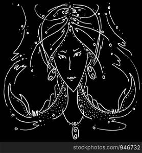 Zodiac sign Cancer black and white drawing girl with braids in the form of claws cancer