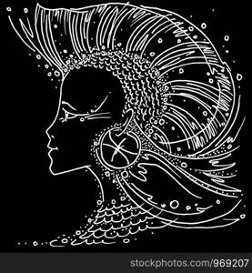 Zodiac sign Pisces black and white drawing girl with hair like a fin fish Iroquois