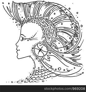 Zodiac sign Pisces black and white drawing girl with hair like a fin fish Iroquois