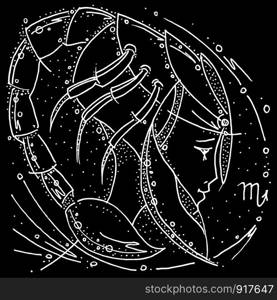 Zodiac sign Scorpio black and white drawing profile girl in a space helmet in the shape of a scorpion