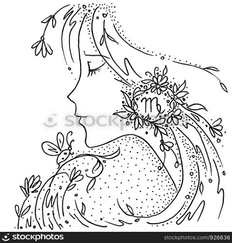 Zodiac sign Virgo black and white drawing girl with flowers and plants in her hair