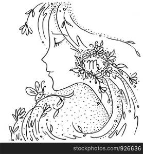 Zodiac sign Virgo black and white drawing girl with flowers and plants in her hair