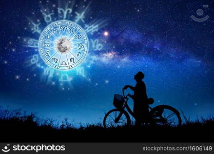 Zodiac signs inside of horoscope circle. Astrology in the sky with many stars and moons  astrology and horoscopes concept