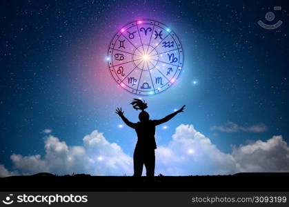 Zodiac signs inside of horoscope circle. Astrology in the sky with many stars and moons astrology and horoscopes concept