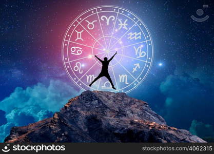 Zodiac signs inside of horoscope circle. Astrology in the sky with many stars and moons astrology and horoscopes concept