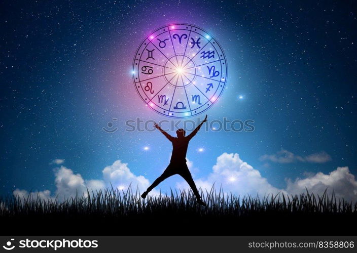 Zodiac signs inside of horoscope circle. Astrology in the sky with many stars and moons  astrology and horoscopes concept