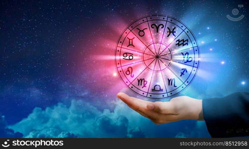 Zodiac signs inside of horoscope circle. Astrology in the sky with many stars and moons  astrology and horoscopes concept