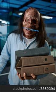 Zombie employee carrying folder binder stack. Office worker holding huge pile of paper files to work. Overtime job, workaholic and deadline concept. Zombie employee carrying folder binder stack on office