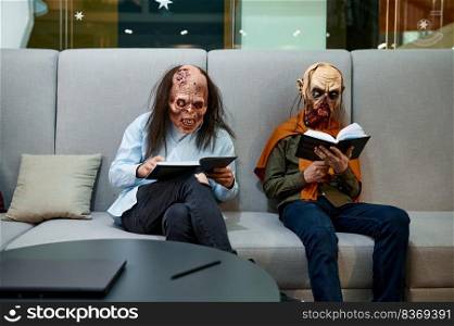Zombie employees reading books during work break sitting on sofa in lobby of business building. Office open space. Zombie employees reading sitting on sofa