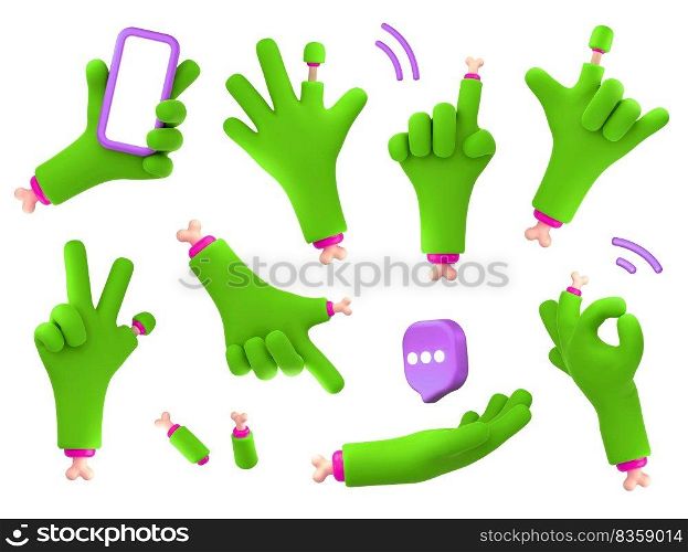 Zombie hands 3d render set, green monster character palm gestures, funny green Halloween personage fingers with bones holding mobile, ok, pointing, rock, Isolated illustration in cartoon plastic style. Zombie hands 3d render set, green monster palms