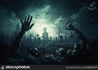 Zombie hands are rising from grave in spooky night. Halloween night background. Monster hand in cemetery graveyard. Horror scene of graveyard. Spooky and creepy graveyard. Scary night. Generative AI.