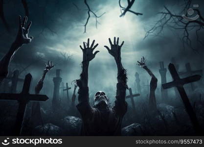 Zombie hands are rising from grave in spooky night. Halloween night background. Monster hand in cemetery graveyard. Horror scene of graveyard. Spooky and creepy graveyard. Scary night. Generative AI.