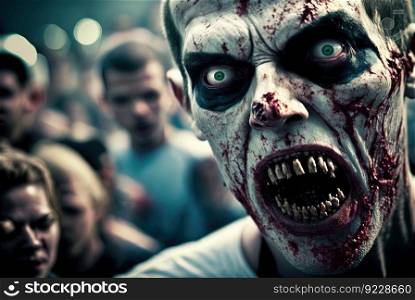 Zombie head with scary face in the crowd during the zombie apocalypse. Horror theme for Halloween or game party ad. Generated AI. Zombie head with scary face in the crowd during the zombie apocalypse. Horror theme for Halloween or game party ad. Generated AI.