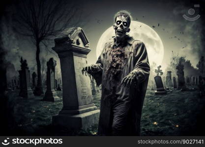 Zombie horror on graveyard among the graves at the night. Generative Ai. High quality illustration. Zombie horror on graveyard among the graves at the night. Generative Ai