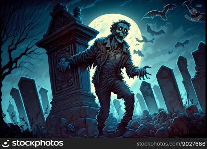 Zombie horror on graveyard among the graves at the night. Generative Ai. High quality illustration. Zombie horror on graveyard among the graves at the night. Generative Ai