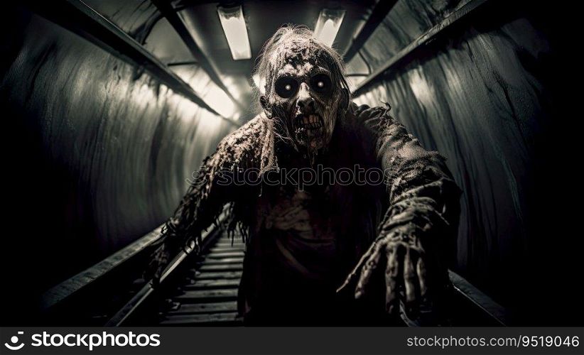 Zombie in the middle of the train tunnel Generate AI