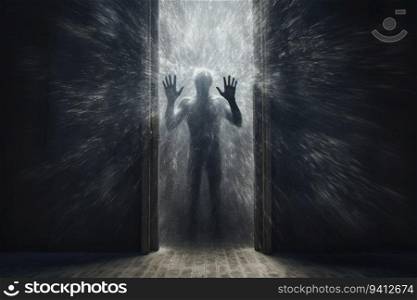 Zombie man coming out of the door. 3D rendering.