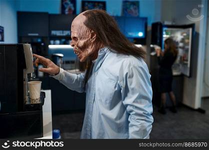 Zombie worker making coffee using office vending machine. Overworked business person employee need refreshment. Lack of energy concept. Zombie worker making coffee using vending machine