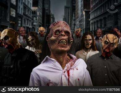 Zombies on night street in downtown, deadly monsters army. Horror in city, creepy crawlies attack, doomsday apocalypse