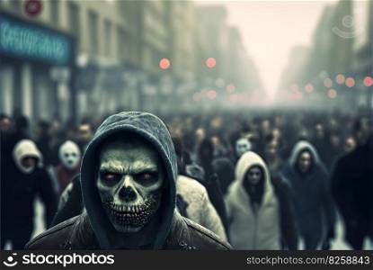 Zombies with scary faces in the crowd during the zombie apocalypse. Horror theme for Halloween or game party ad. Generated AI. Zombies with scary faces in the crowd during the zombie apocalypse. Horror theme for Halloween or game party ad. Generated AI.