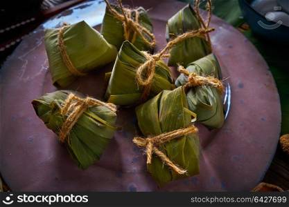 Zongzi Glutinous sticky Rice Dumplings recipe wrap with bamboo leaves asian food