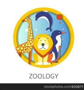 Zoology school discipline study about animals and fauna vector. Tropical representatives of wildworld, tiger giraffe, penguin and dolphin, aquatic creatures. Education about water and land species. Zoology school discipline study about animals and fauna