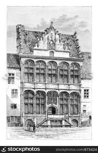 Zoutleeuw Town Hall in Zoutleeuw, Belgium, drawing by Barclay based on a photograph, vintage illustration. Le Tour du Monde, Travel Journal, 1881