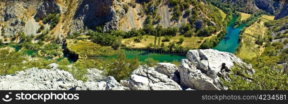 Zrmanja river canyon - Krupa mouth and Visoki buk waterfall panoramic aerial view, Dalmatia, Croatia