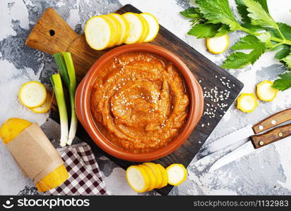 zucchini caviar in bowl, vegetable caviar in bowl