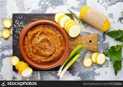 zucchini caviar in bowl, vegetable caviar in bowl